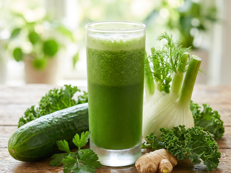 Succo verde quotidiano: cetriolo, finocchio, cavolo riccio e zenzero