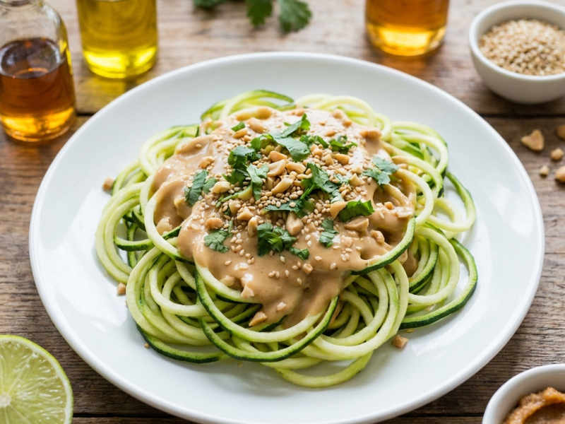 Spaghetti crudi di zucchine, salsa di arachidi al miso