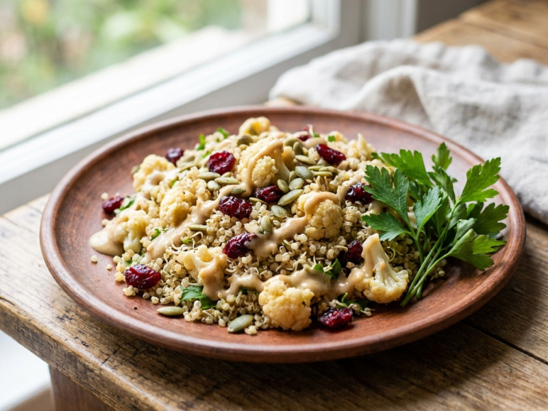 Salade de quinoa germé, chou-fleur mariné et cranberries, sauce miso-cajou