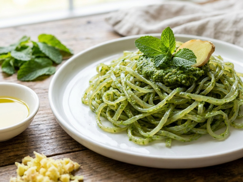 Nouilles d'algues, pesto menthe-gingembre