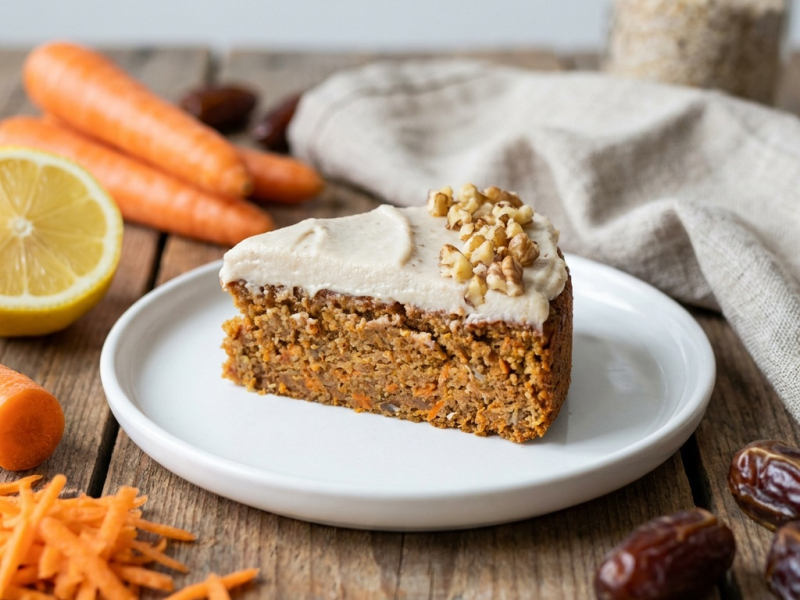 Carrot cake crudo con nueces y glaseado de coco