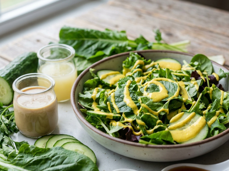 Ensalada verde con salsa cremosa de cúrcuma