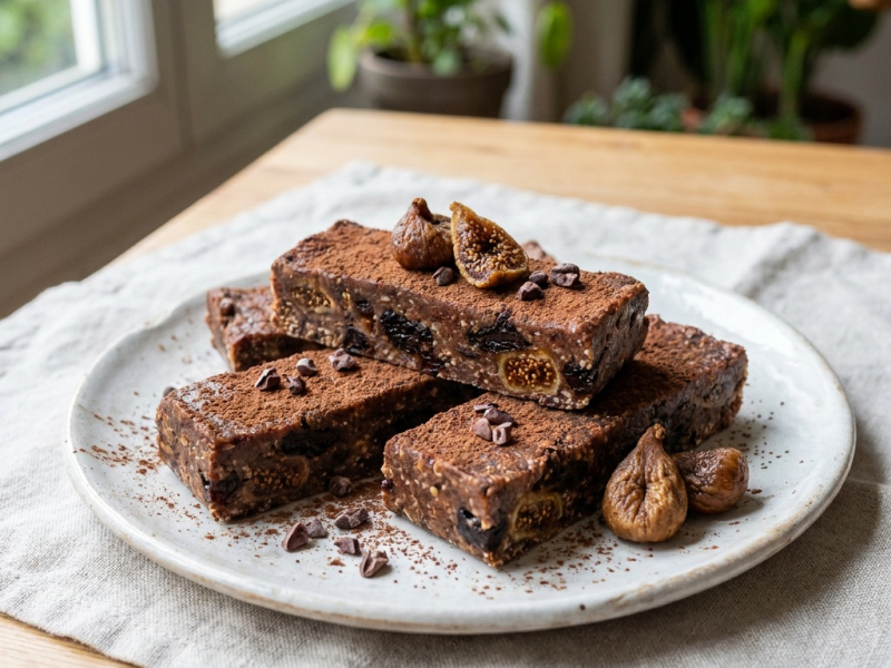 Barritas crudas de higos, ciruelas pasas y cacao