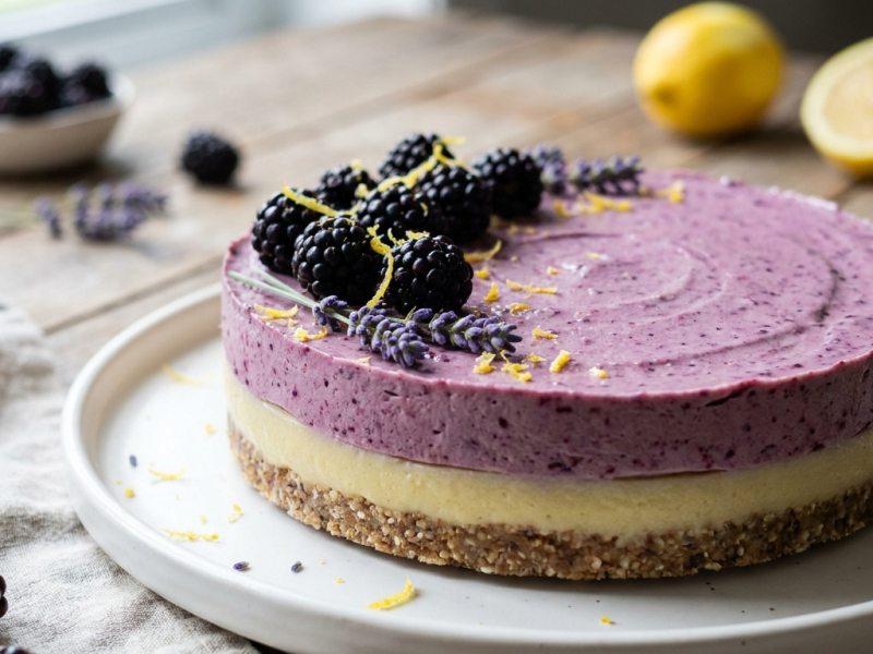 Cheesecake crudo de moras, limón y lavanda