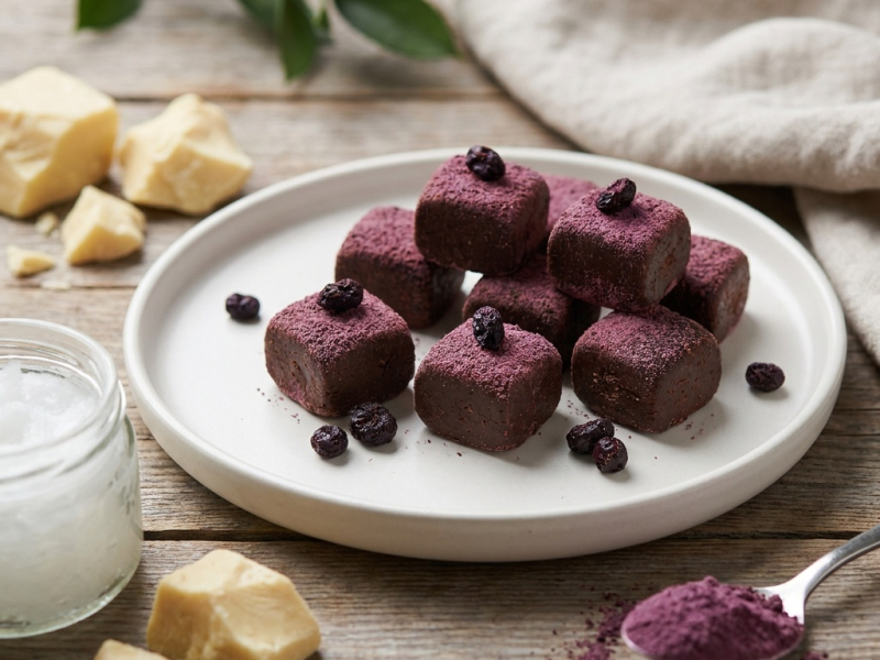 Chocolats super-aliments à l'açaï, maca et maïs violet