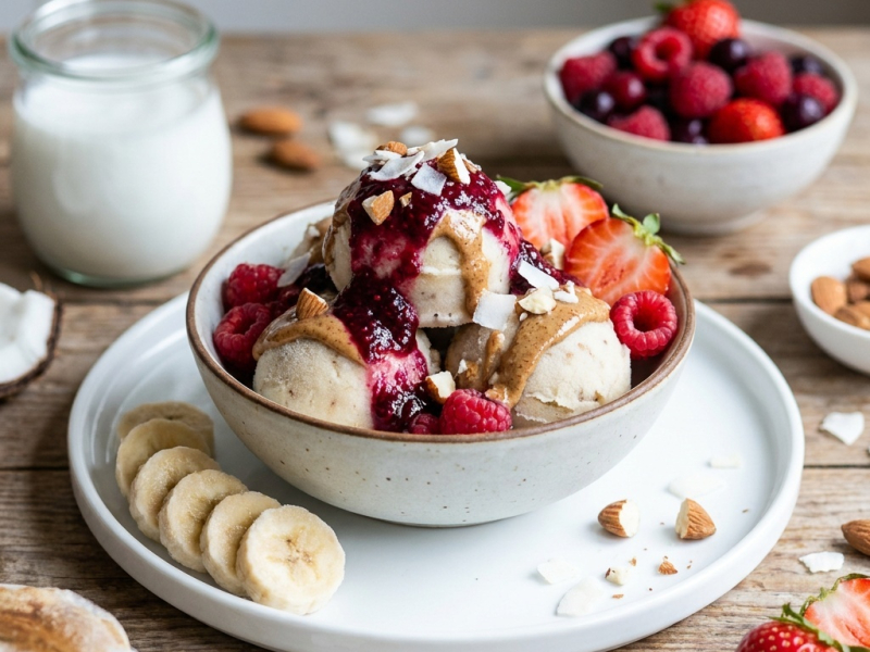 Sundae glacé beurre d'amande et confiture de chia