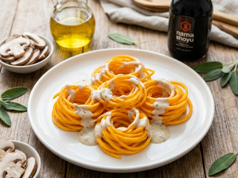Nids de courge butternut, crème de champignons au vin blanc et sauge