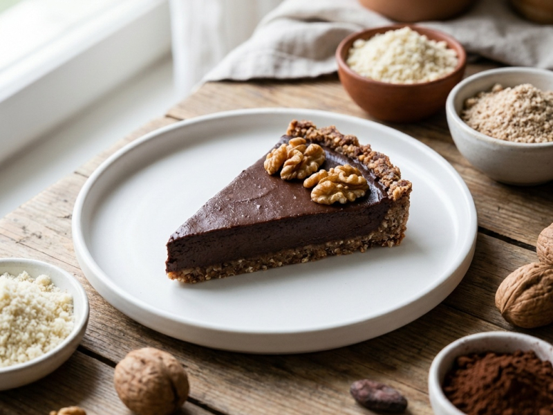 Tarte ganache chocolat-noix et tourbillon cajou-cacao