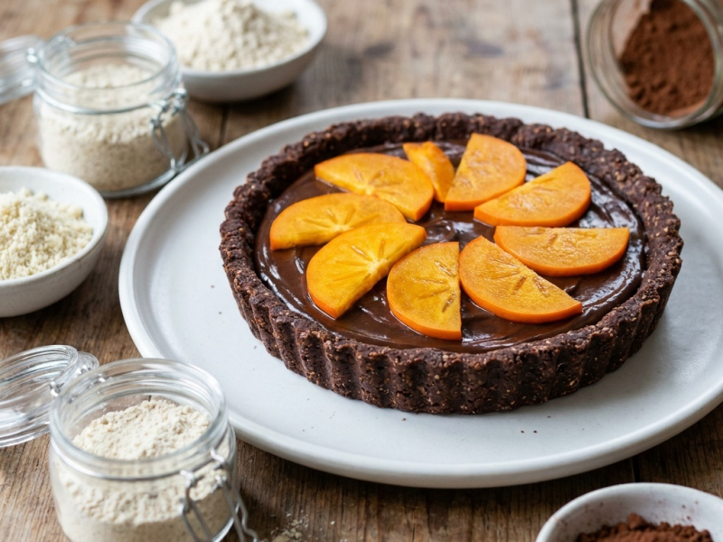 Tarte chocolat-kaki et crème de coco jeune