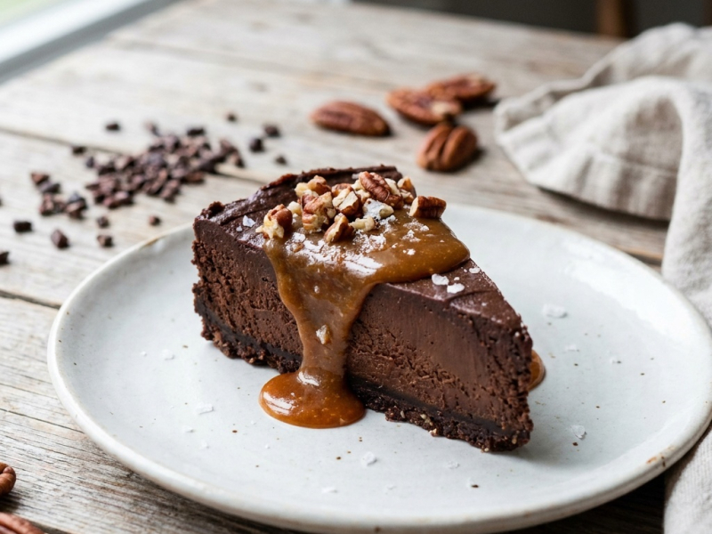 Gâteau chocolat noir cru, caramel épicé et noix de pécan