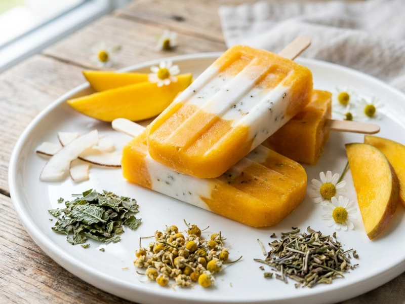 Glaces à l'eau mangue et lait de coco, infusion apaisante