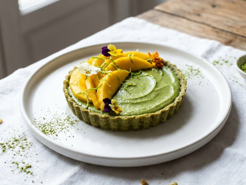 Tarte crue au matcha, citron vert et mangue fraîche