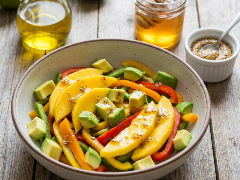 Salat mit Mango, Avocado und Paprika, Honig-Limetten-Dressing