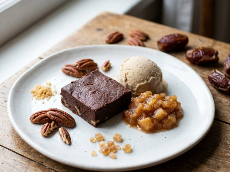 Schoko-Pekan-Brownie, Ahorn-Maca-Eis und würziges Apfelkompott