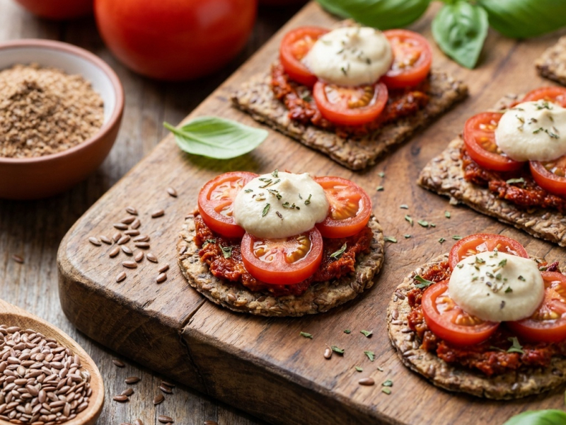 Mini-Pizzahäppchen auf Leinsamen-Crackern
