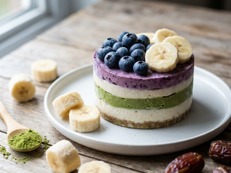 Bananen-Eistorte mit Matcha-, Heidelbeer- und Vanilleschicht