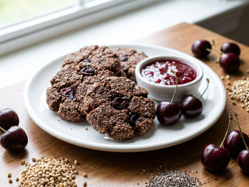 Rohe Schoko-Kirsch-Kekse mit Chia und Himbeer-Rosen-Konfitüre