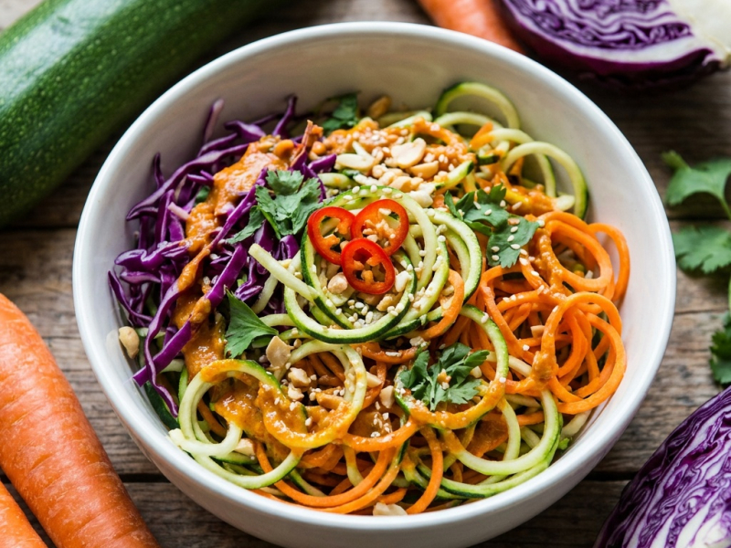 Scharfe rohe Zucchini-Nudelbowl mit Avocado-Ingwer-Sauce