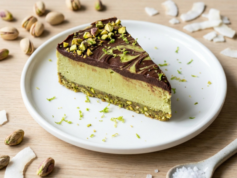 Raw lime, dark chocolate and pistachio cheesecake