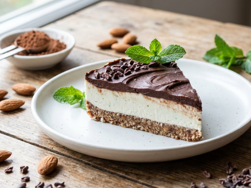 Raw fresh mint and chocolate cheesecake, three layers