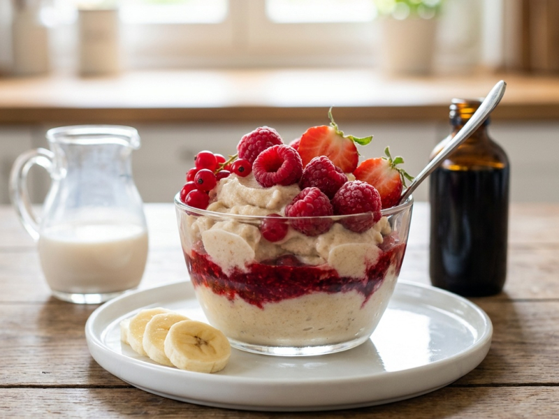 Frühstücks-Parfait mit Bananeneis und roten Beeren