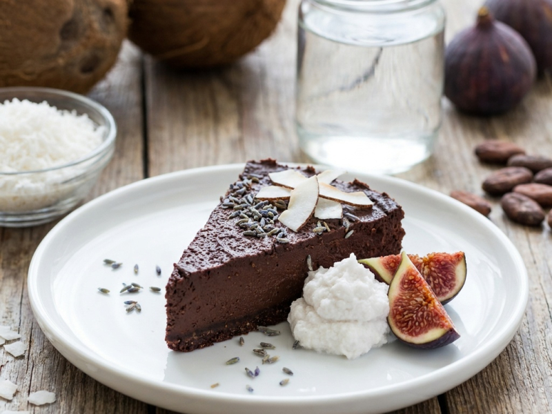 Roher Schokoladen-Lavendel-Kuchen mit Kokossahne und Feigen