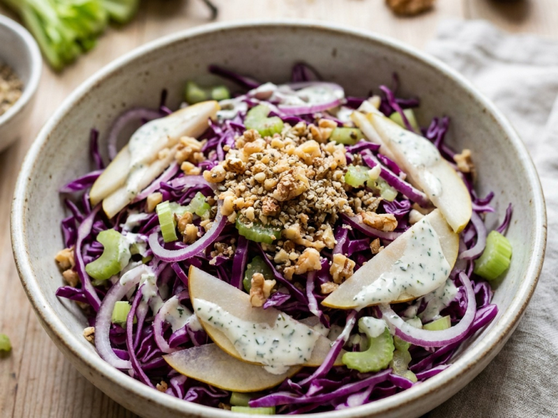 Salade de chou et de poire, crumble de noix et sauce crémeuse à la française