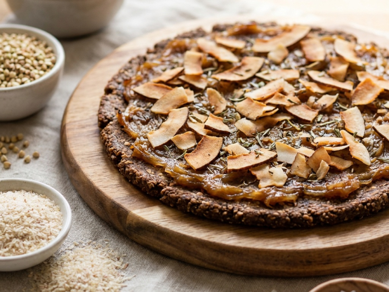 Pizza crue à l'oignon caramélisé et bacon de coco