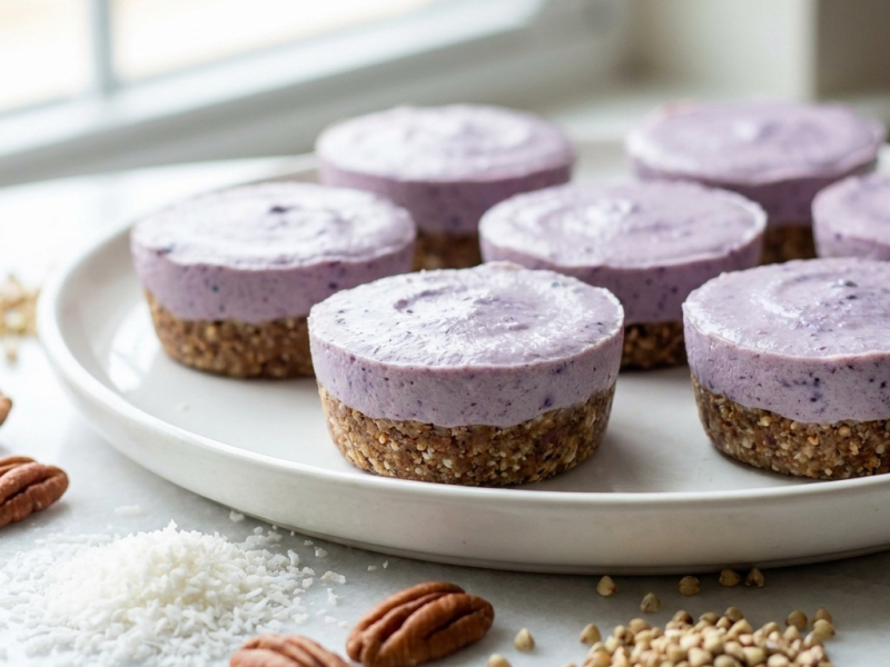 Mini cheesecakes crudos de arándanos y lavanda