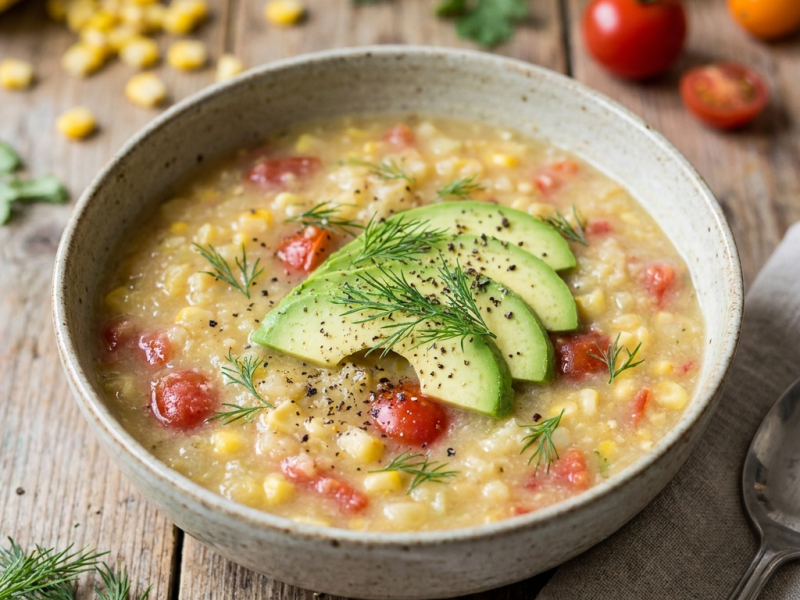 Sopa cruda de tomate, maíz dulce y aguacate con eneldo