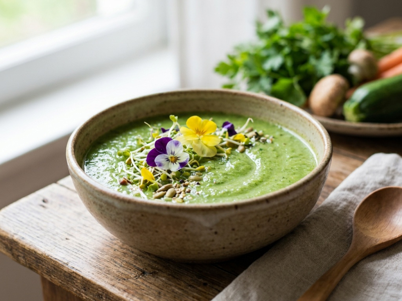 Sopa verde cruda de aguacate y pepino