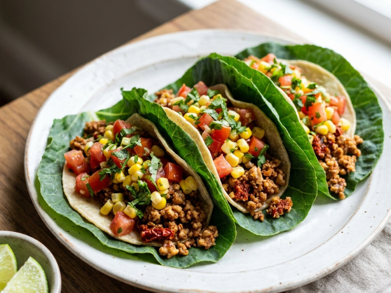 Tacos crudos con salsa de maíz y tomate y picadillo de nueces