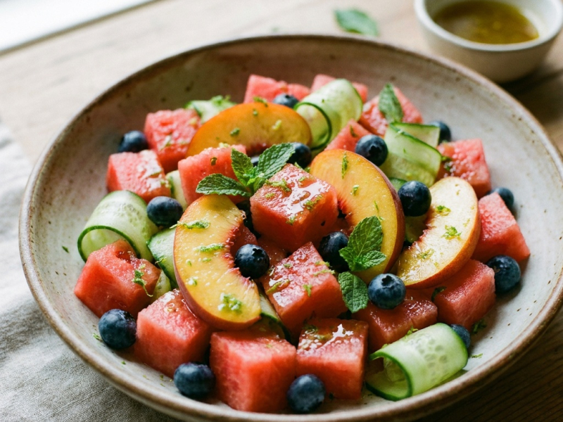 Ensalada de sandía, melocotón y tomate con vinagreta de lima