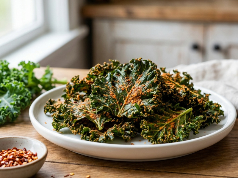 Chips de kale con salsa quesera especiada