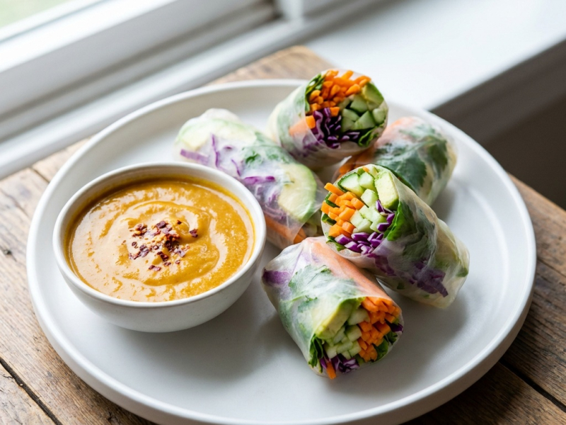 Rollitos de primavera con cinco verduras y salsa curry-cúrcuma