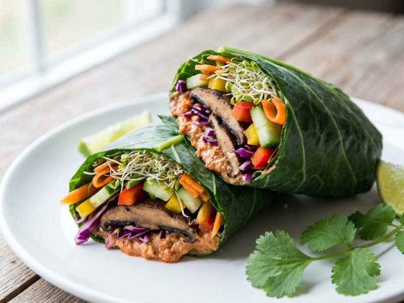 Burritos crudos de col verde con champiñones marinados