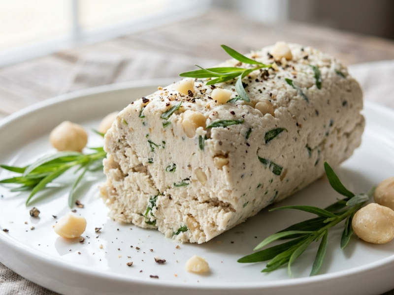 Falso queso de macadamia fermentado, rebozado en estragón