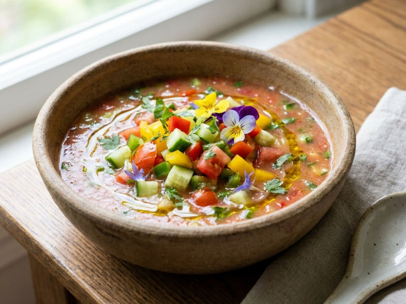 Sopa cruda de verduras de verano con maíz y tomates cherry
