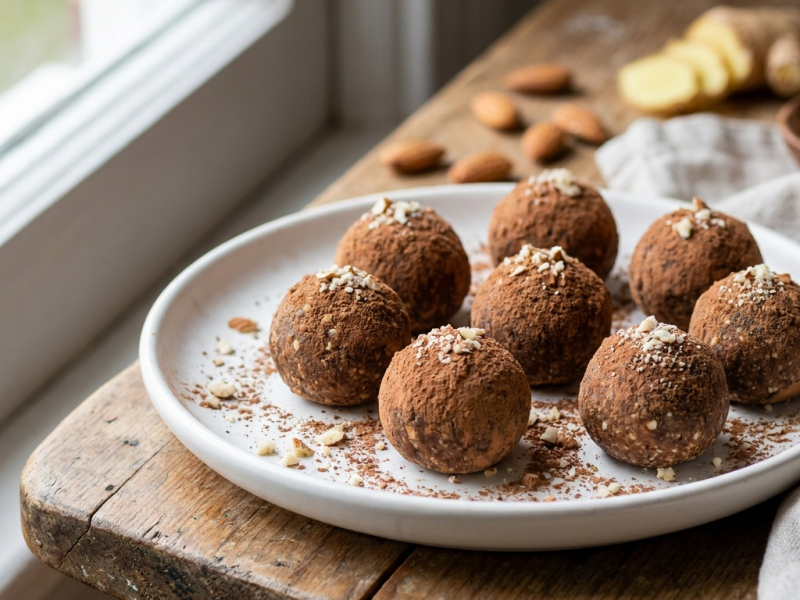 Trufas crudas de almendra y jengibre rebozadas en coco