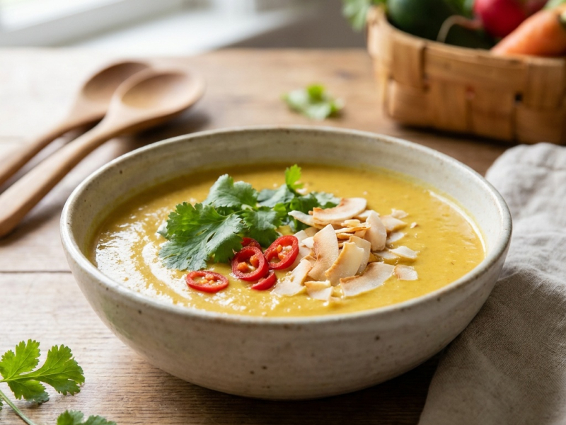 Sopa cruda de coco y curry con fideos de pepino