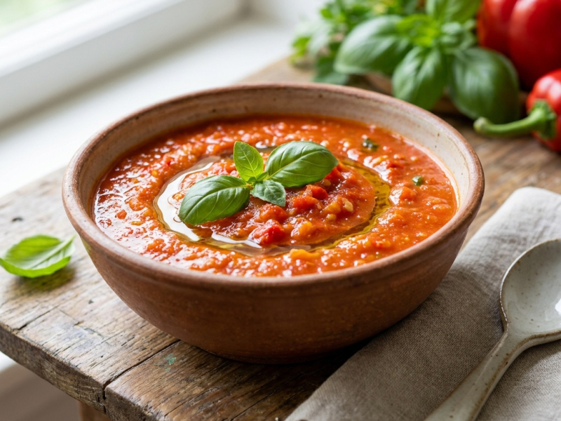 Sopa cruda de pimiento rojo, una ración en la batidora