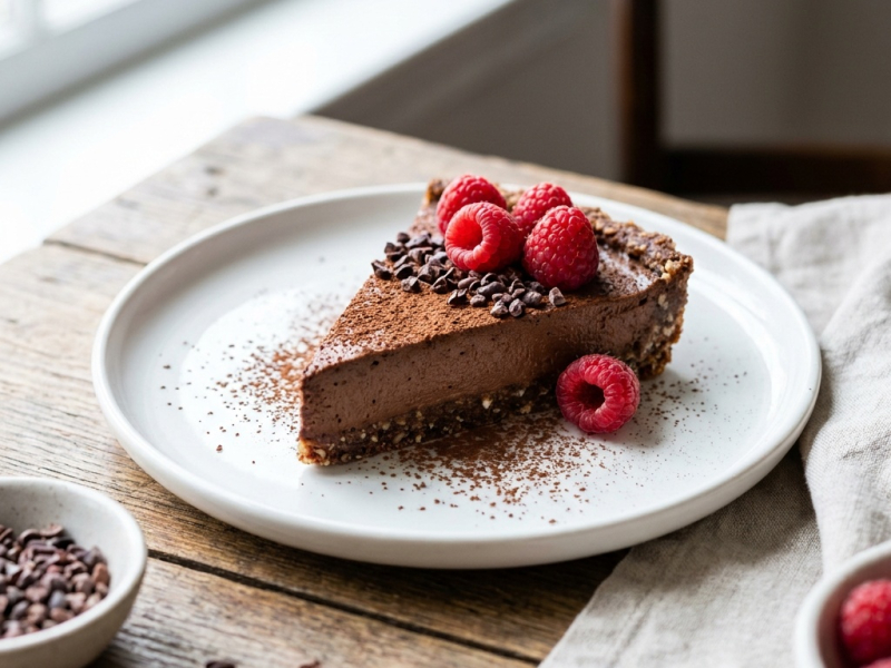 Tarta cruda de mousse de chocolate sobre base de nueces y ciruelas