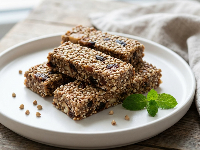 Barritas crudas de trigo sarraceno germinado, dátiles y cacao