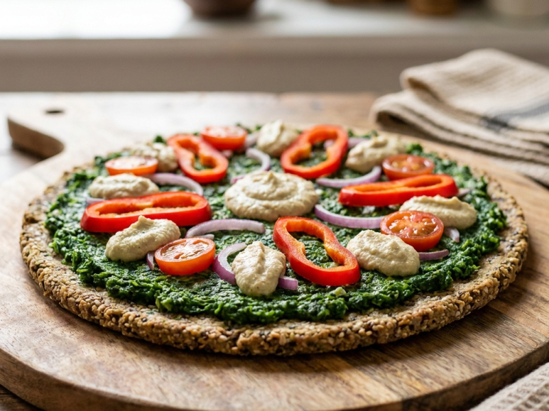 Pizza cruda gourmet con base sin frutos secos