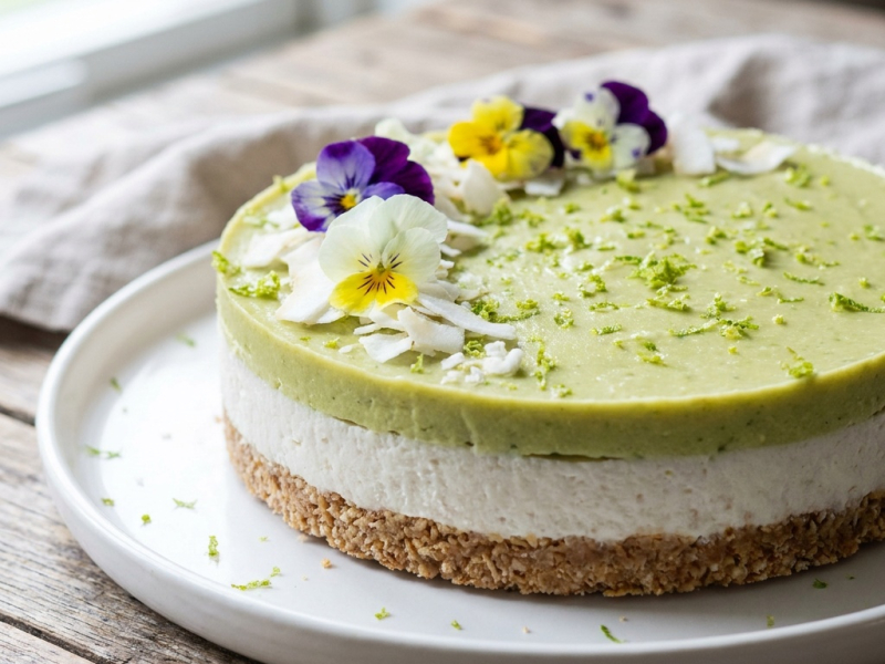 Cheesecake crudo de coco y lima sobre base de almendra y coco