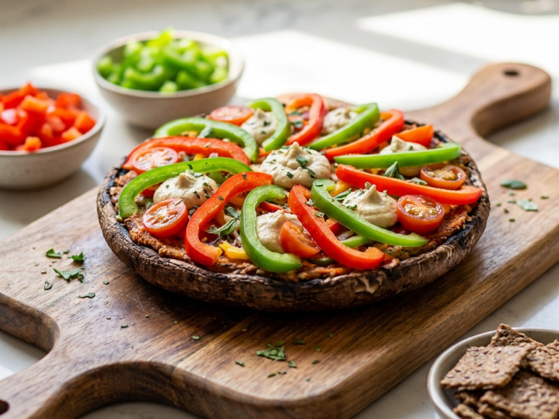 Pizza cruda sobre sombrero de portobello con cheddar de nueces al chipotle