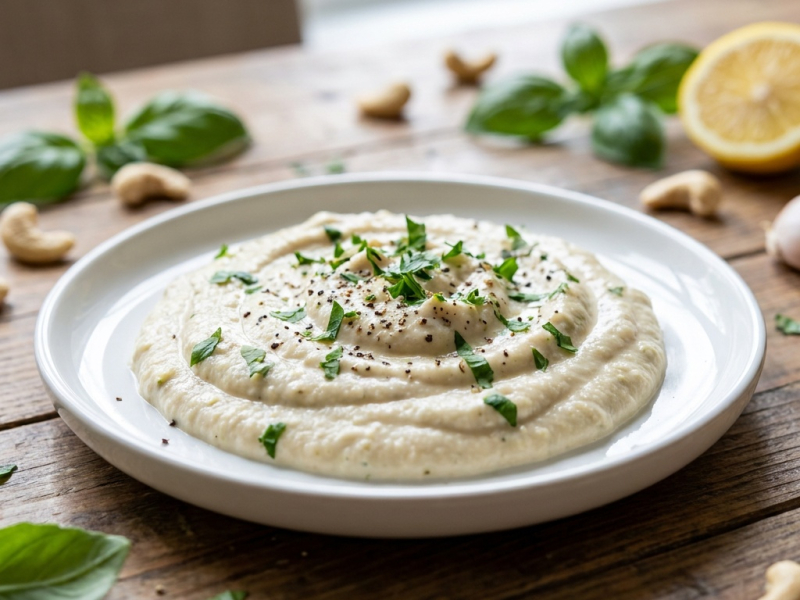 Salsa alfredo cruda de girasol, anacardo y aceite de trufa