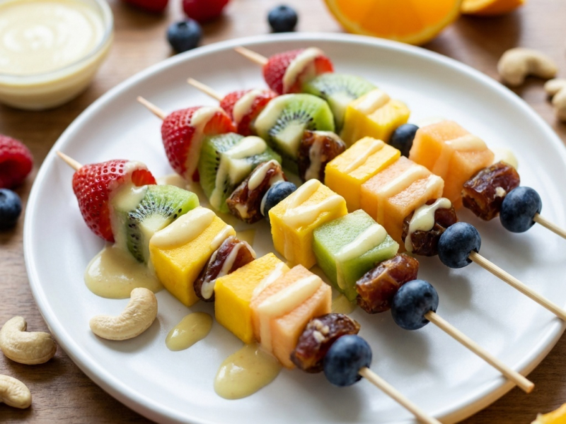 Brochetas de fruta con salsa cremosa de cítricos
