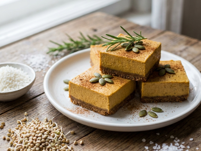 Barritas de cheesecake crudo de calabaza con base de pan de especias