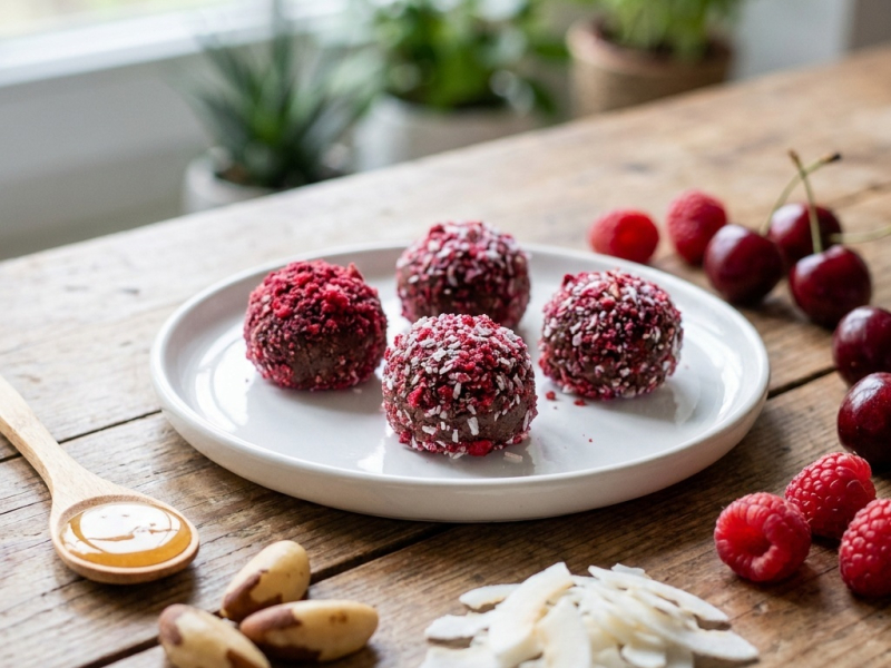 Bocaditos cremosos de frutos rojos sobre base de cacao y cereza